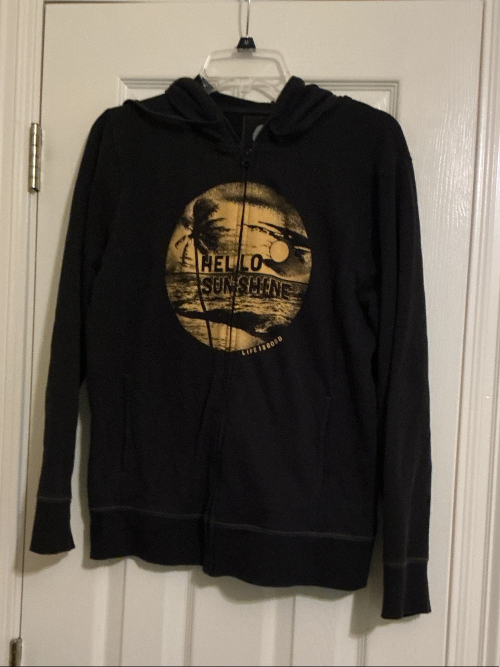 Life Is Good Black Zip-Up Hoodie with Gold Circle Graphic